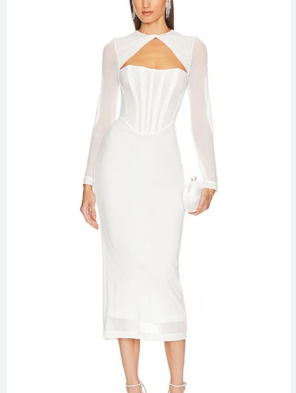 Bardot White Long-Sleeve Midi Dress with Corset Bodice